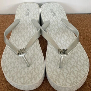 Michael Kors Silver White Wedge Thong Flip Flops Sandals size 11